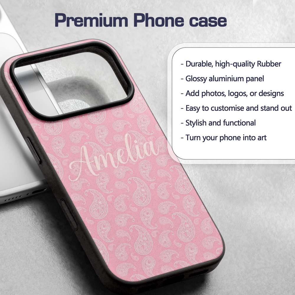 Ornate White Paisley Motif on Soft Peach Pink Custom Name Protective Phone Case Mobile Cover Durable Everyday Smartphone Shock Resistant