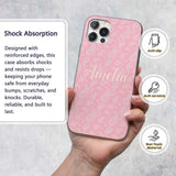 Ornate White Paisley Motif on Soft Peach Pink Custom Name Protective Phone Case Mobile Cover Durable Everyday Smartphone Shock Resistant