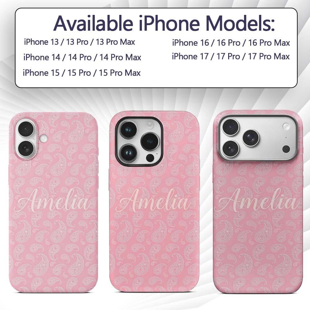 Ornate White Paisley Motif on Soft Peach Pink Custom Name Protective Phone Case Mobile Cover Durable Everyday Smartphone Shock Resistant
