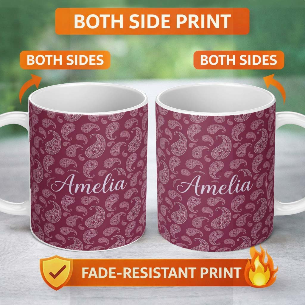 Personalized Custom Name Decorative White Paisley Pattern on Light Blush Gradient Seamless 11oz Ceramic Coffee Tea Mug White Large Handle