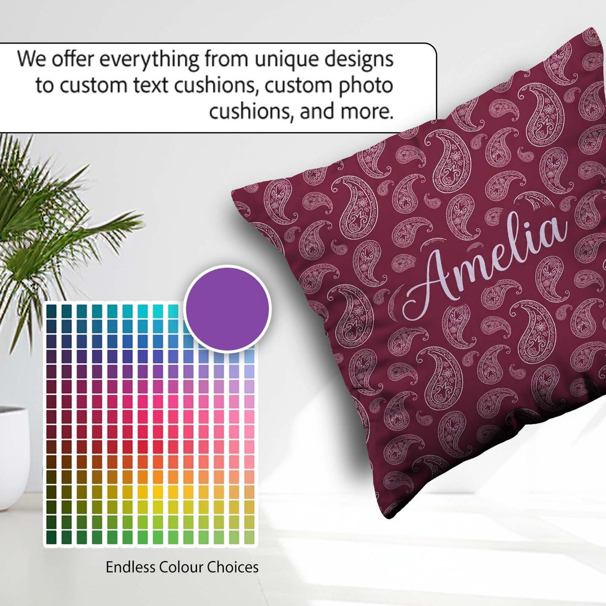 Custom Name Decorative White Paisley on Light Gradient Seamless Square Filled Cushion Throw Pillow Sofa Bed Home Decor Zip Washable UK Made