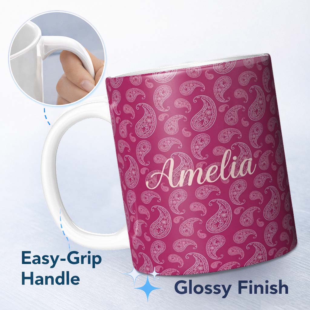 Personalized Custom Name Elegant White Paisley Design on Deep Burgundy Red Background 11oz Ceramic Coffee Tea Mug White Large Handle