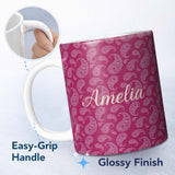 Personalized Custom Name Elegant White Paisley Design on Deep Burgundy Red Background 11oz Ceramic Coffee Tea Mug White Large Handle