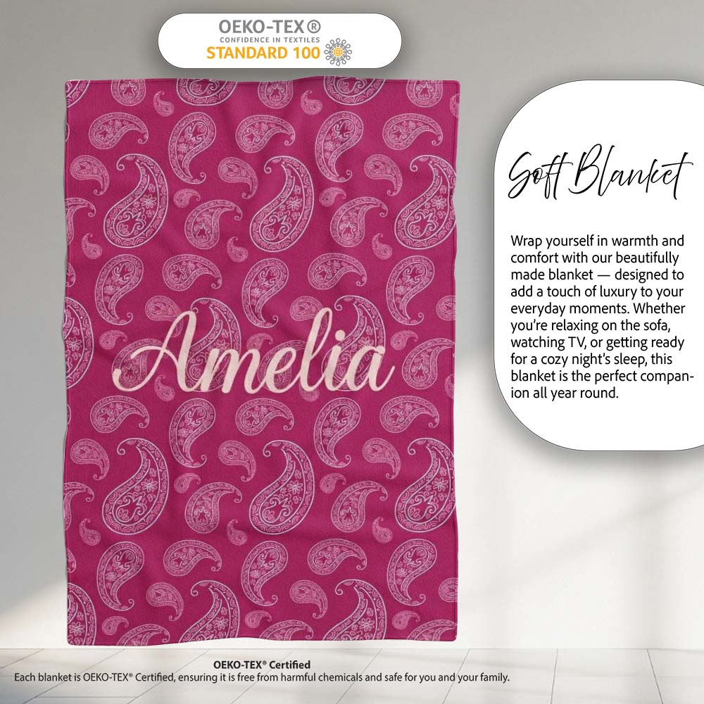 Elegant White Paisley Design on Deep Burgundy Red Background  Personalised Custom Name Super Soft Fleece Blanket Bed Sofa Throw