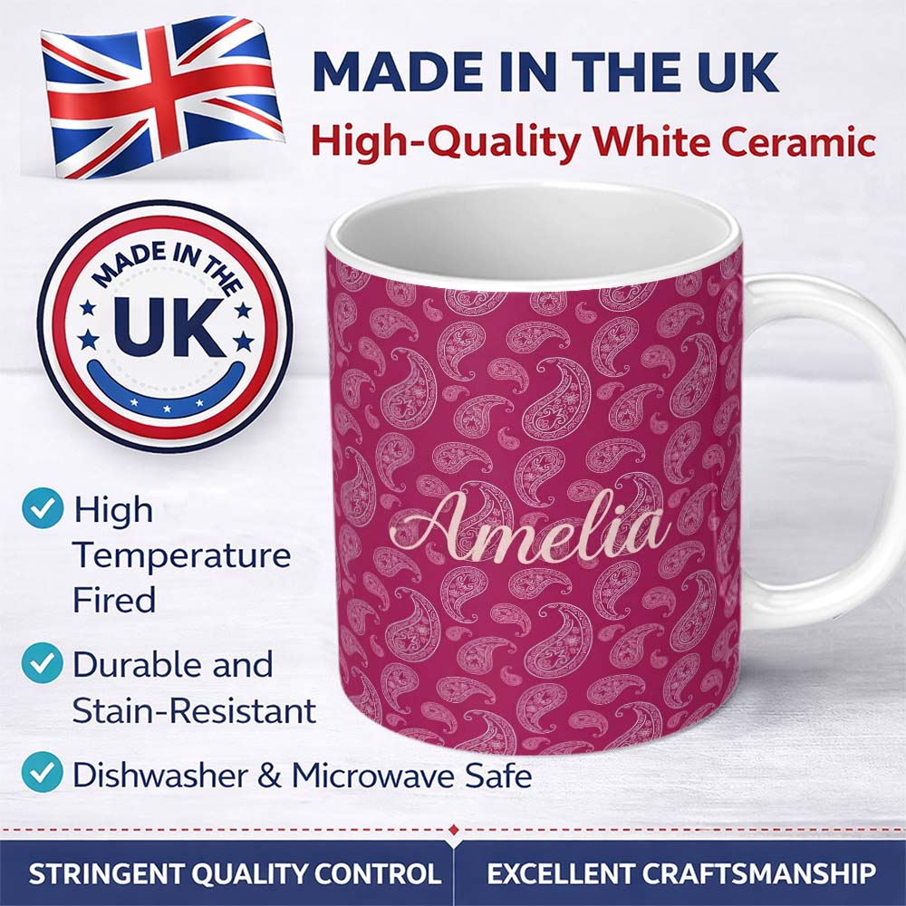 Personalized Custom Name Elegant White Paisley Design on Deep Burgundy Red Background 11oz Ceramic Coffee Tea Mug White Large Handle