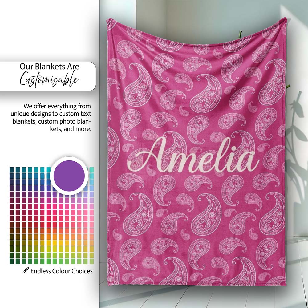 Elegant White Paisley Design on Deep Burgundy Red Background  Personalised Custom Name Super Soft Fleece Blanket Bed Sofa Throw