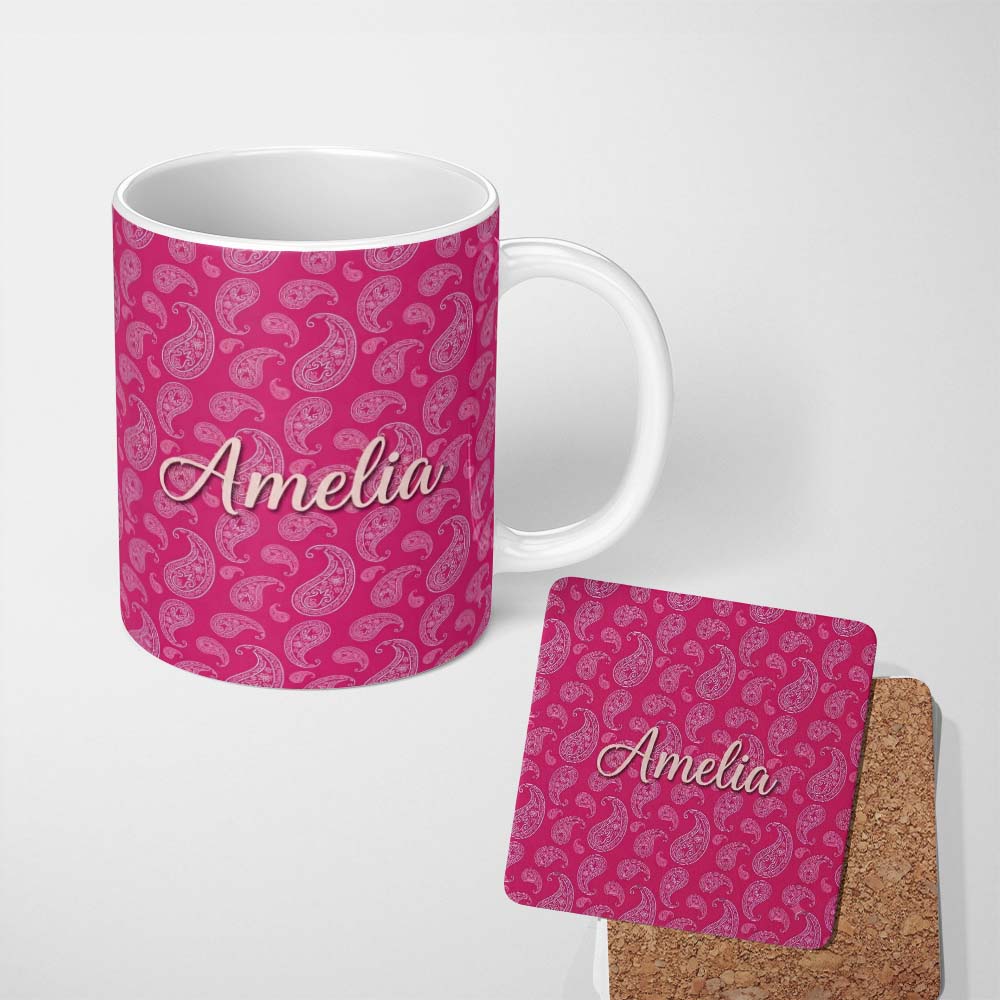 Personalized Custom Name Stylish White Paisley Pattern on Rich Magenta Pink Gradient 11oz Ceramic Coffee Tea Mug White Large Handle