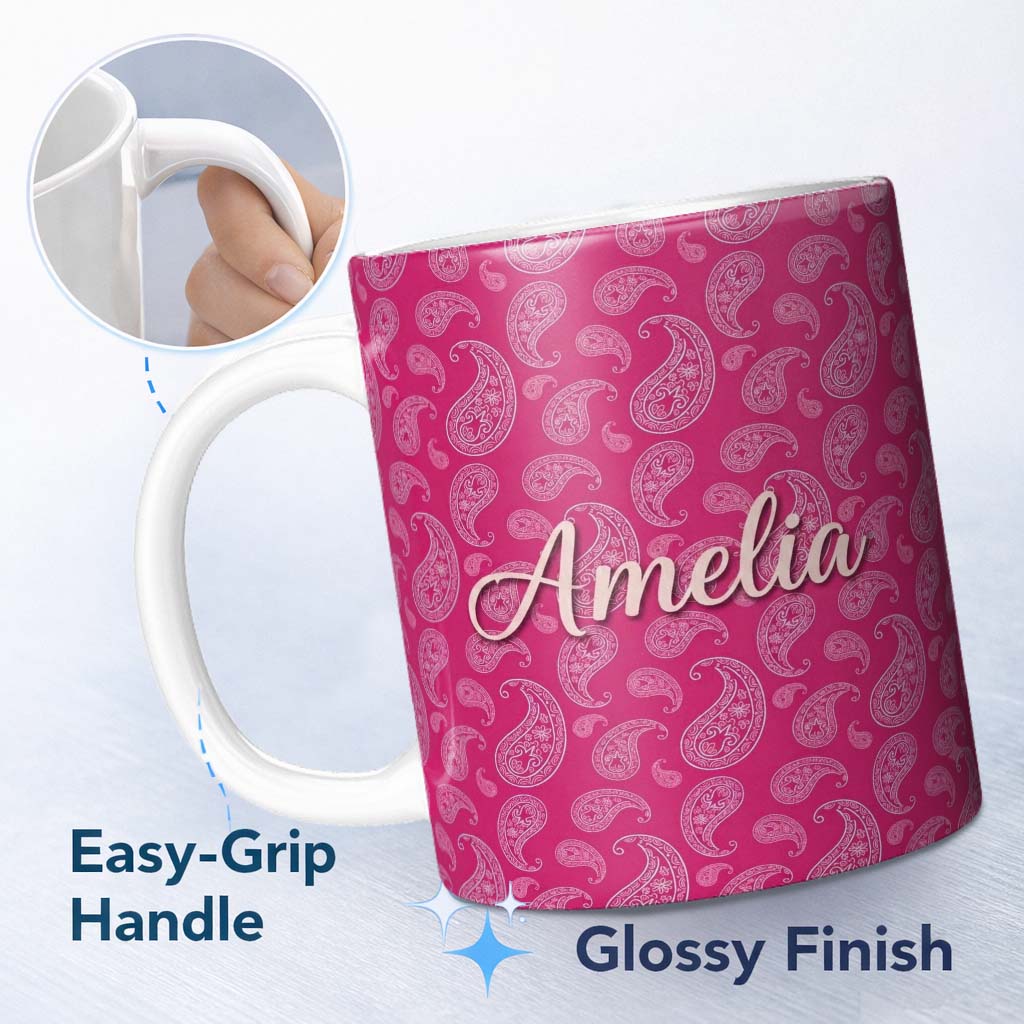 Personalized Custom Name Stylish White Paisley Pattern on Rich Magenta Pink Gradient 11oz Ceramic Coffee Tea Mug White Large Handle