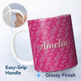 Personalized Custom Name Stylish White Paisley Pattern on Rich Magenta Pink Gradient 11oz Ceramic Coffee Tea Mug White Large Handle