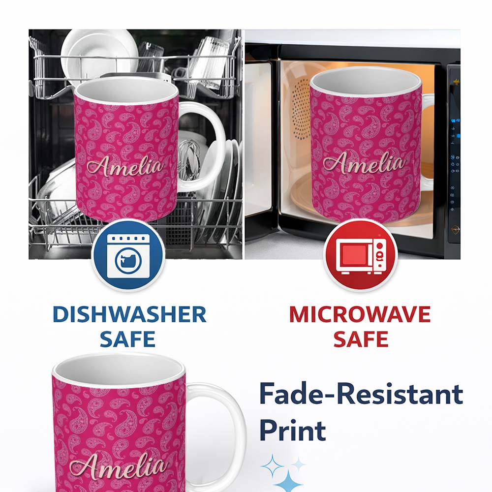 Personalized Custom Name Stylish White Paisley Pattern on Rich Magenta Pink Gradient 11oz Ceramic Coffee Tea Mug White Large Handle
