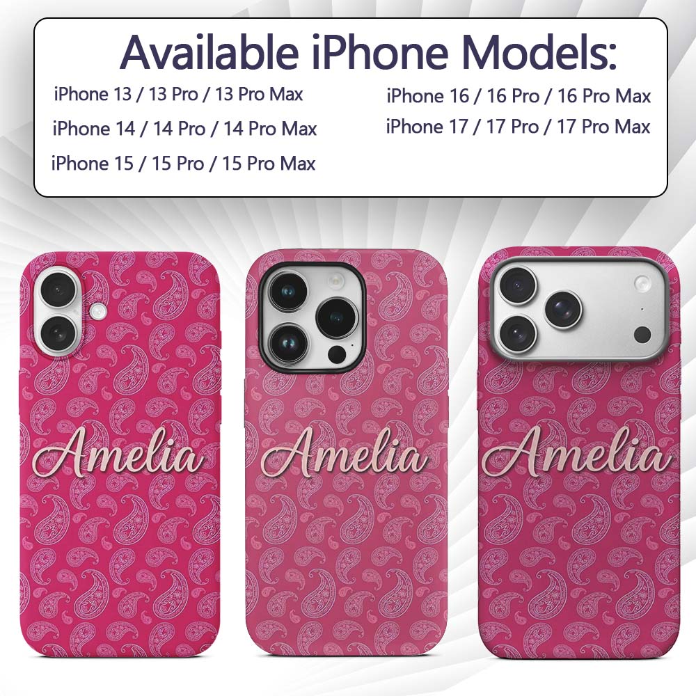 Stylish White Paisley Pattern on Rich Magenta Custom Name Protective Phone Case Mobile Cover Durable Everyday Smartphone Shock Resistant