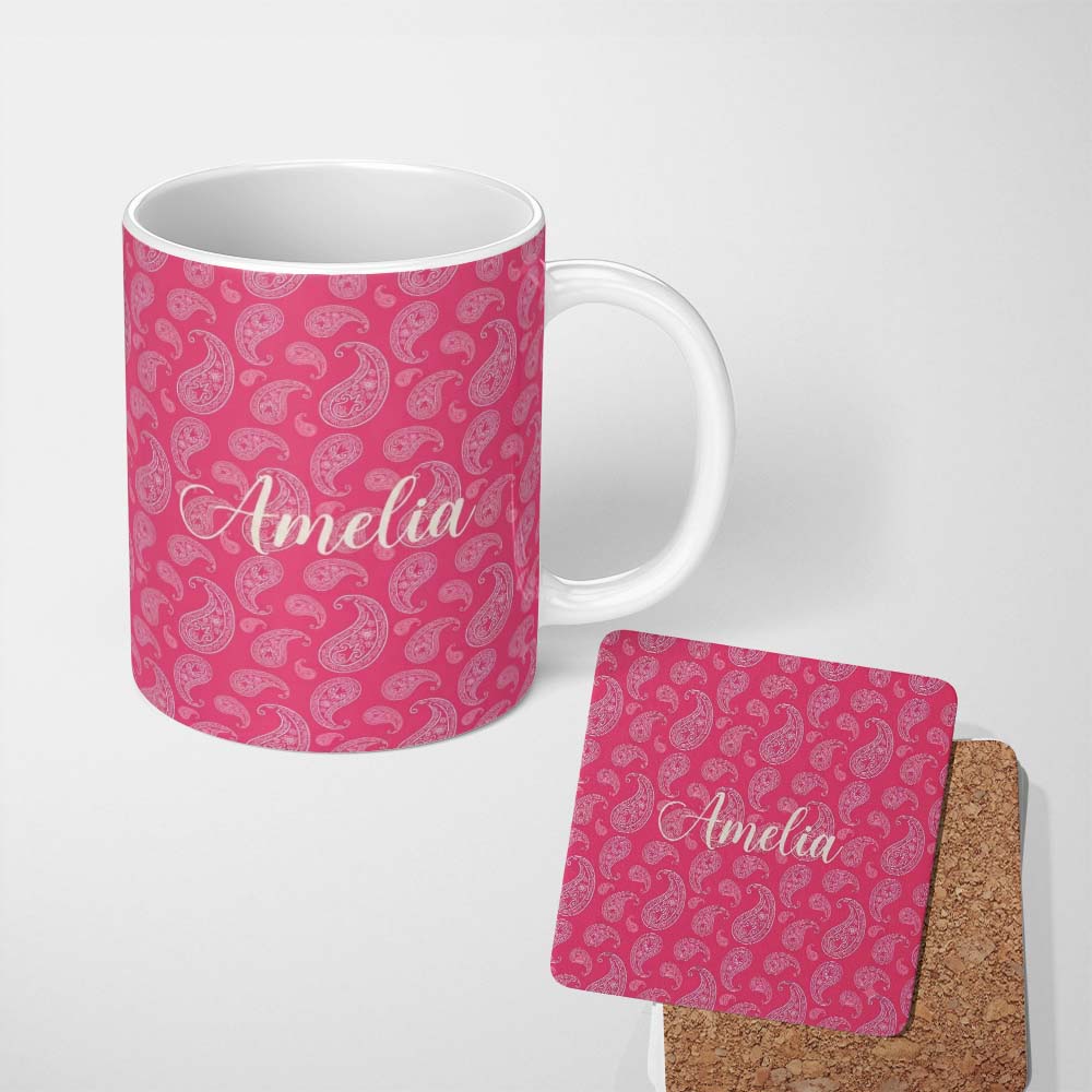 Personalized Custom Name Elegant White Paisley Pattern Pink Backgrounds Name Cute Unique Gift 11oz Ceramic Coffee Tea Mug White Large Handle