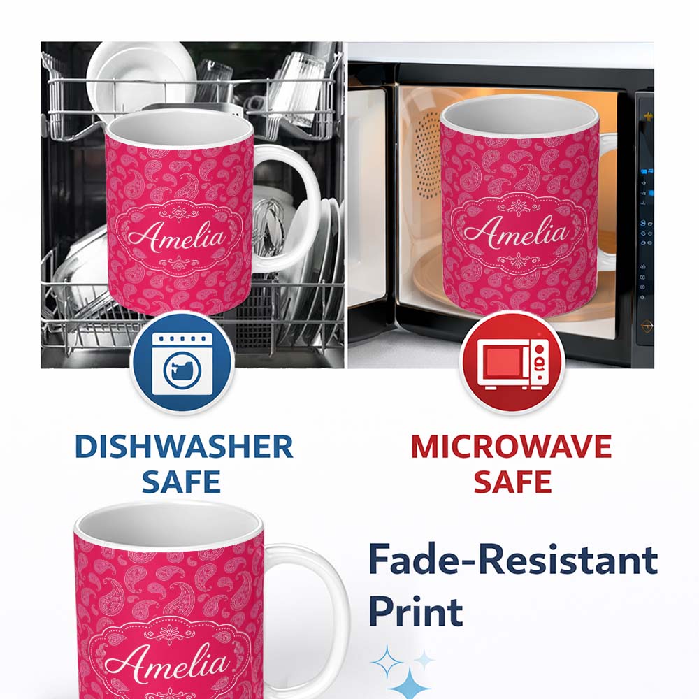 Personalized Custom Name Elegant White Paisley Pattern Rose Backgrounds Name Cute Unique Gift 11oz Ceramic Coffee Tea Mug White Large Handle