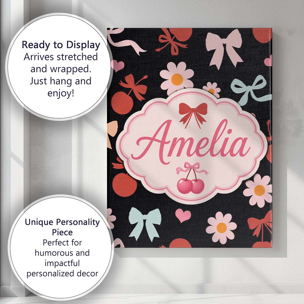 Personalised Name Cute Cherry Bow Daisy Heart Seamless Pattern on Custom  Bespoke Canvas Wall Art Print Decor Picture Ready to Hang