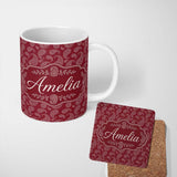 Personalized Custom Name Elegant White Paisley Pattern Ruby Backgrounds Name Cute Unique Gift 11oz Ceramic Coffee Tea Mug White Large Handle