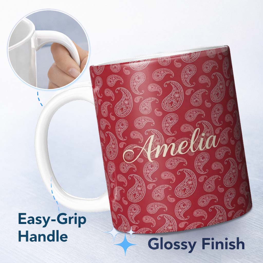 Personalized Custom Name Elegant White Paisley Pattern Wine Backgrounds Name Cute Unique Gift 11oz Ceramic Coffee Tea Mug White Large Handle