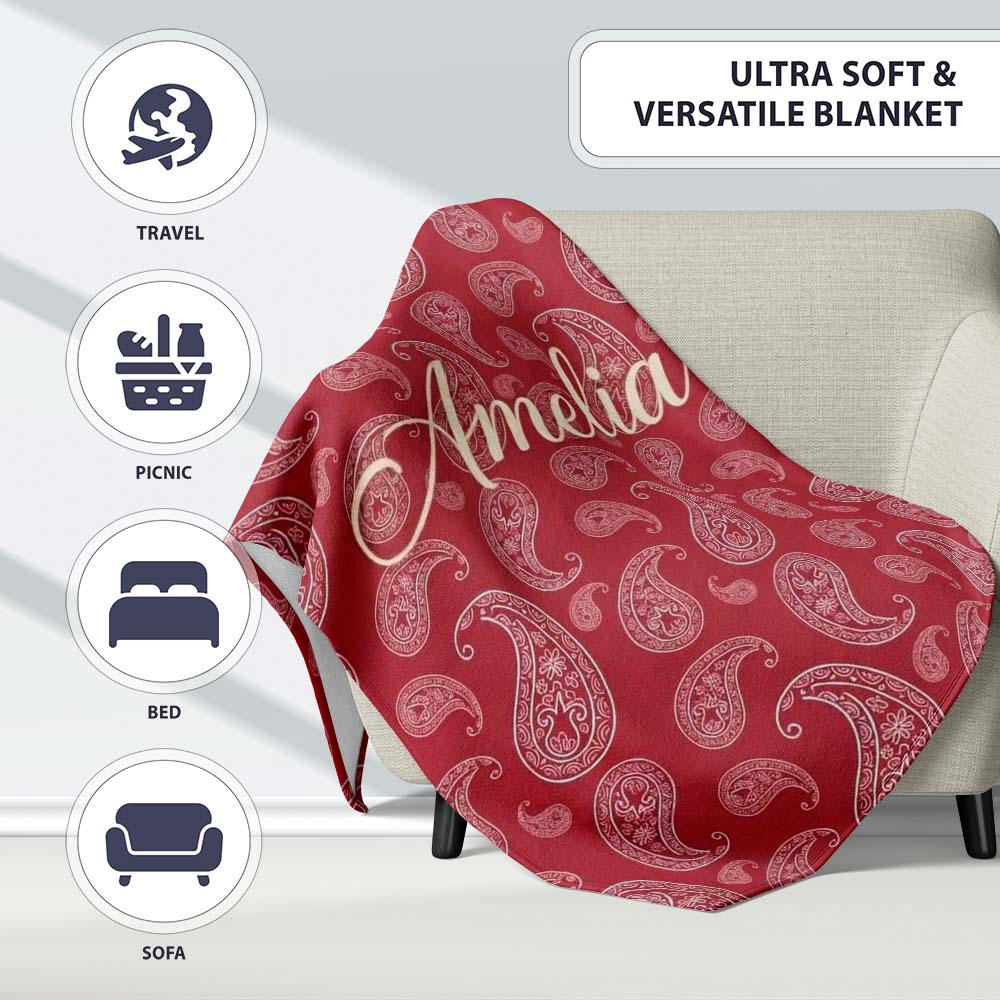 Elegant White Paisley Pattern Wine Backgrounds Name Cute Unique Gift  Personalised Custom Name Super Soft Fleece Blanket Bed Sofa Throw