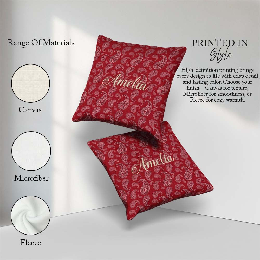 Custom Name Elegant White Paisley Pattern Wine Backgrounds Name Square Filled Cushion Throw Pillow Sofa Bed Home Decor Zip Washable UK Made