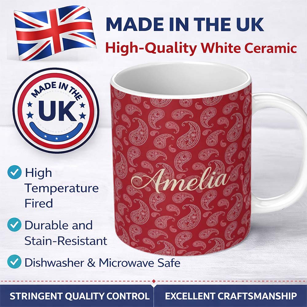 Personalized Custom Name Elegant White Paisley Pattern Wine Backgrounds Name Cute Unique Gift 11oz Ceramic Coffee Tea Mug White Large Handle