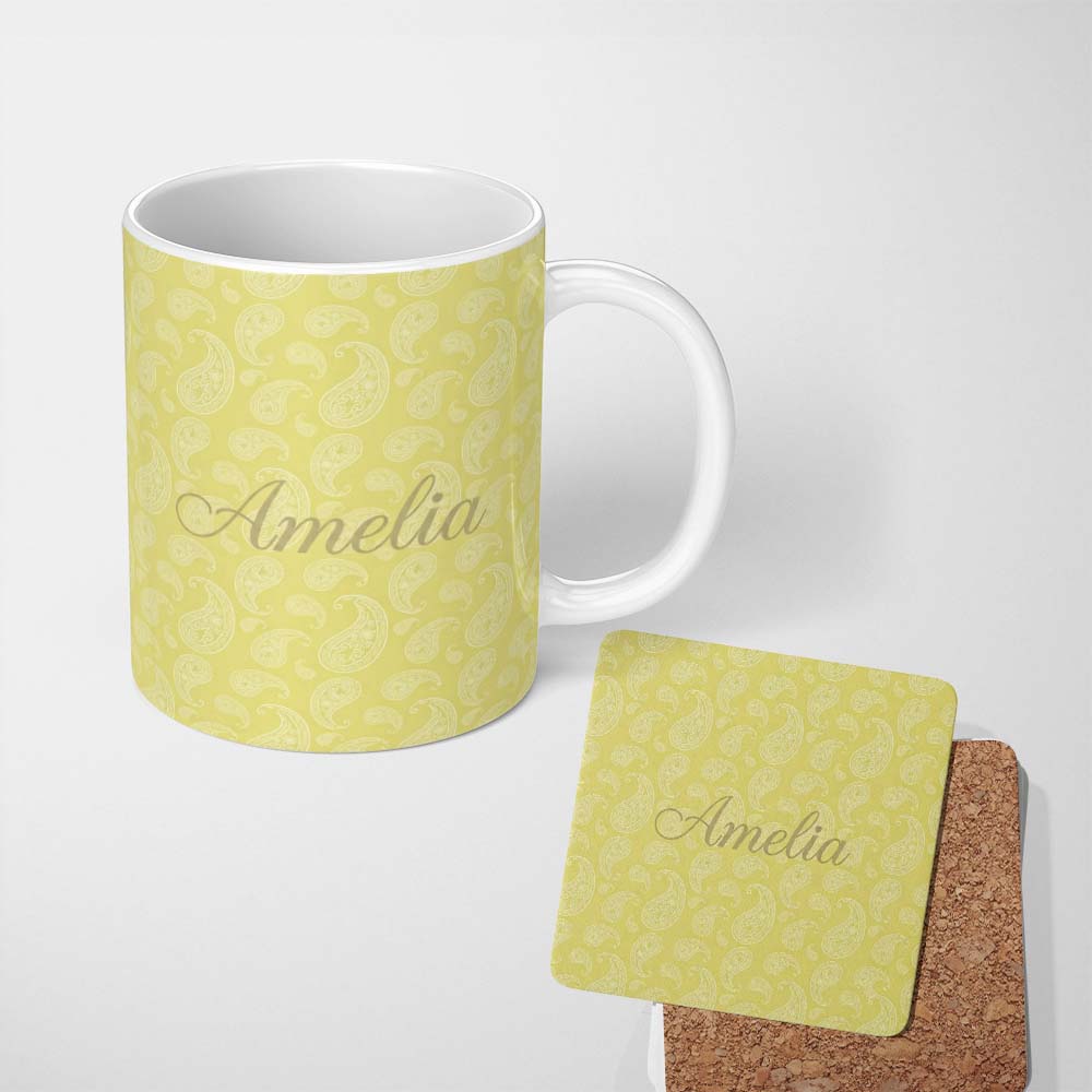Personalized Custom Name Elegant White Paisley Pattern Gold Backgrounds Name Cute Unique Gift 11oz Ceramic Coffee Tea Mug White Large Handle