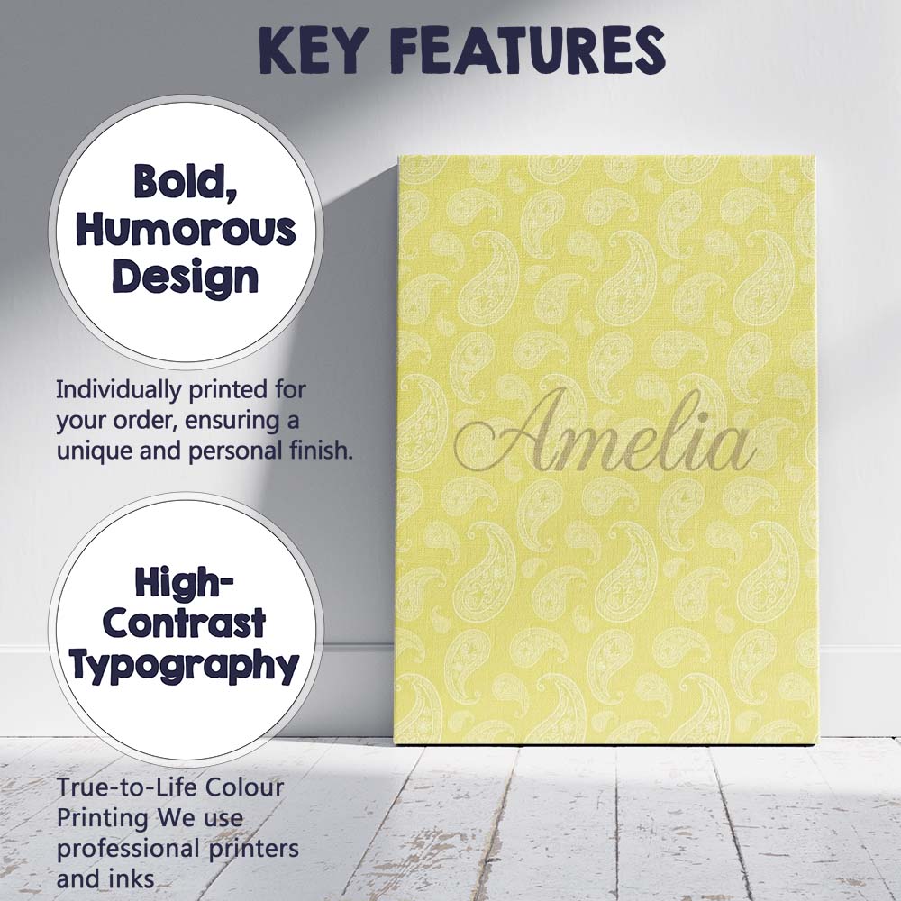 Personalised Name Elegant White Paisley Custom  Unique Gift Idea Modern Room Accent Canvas Wall Art Print Decor Picture Ready to Hang
