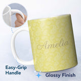Personalized Custom Name Elegant White Paisley Pattern Gold Backgrounds Name Cute Unique Gift 11oz Ceramic Coffee Tea Mug White Large Handle