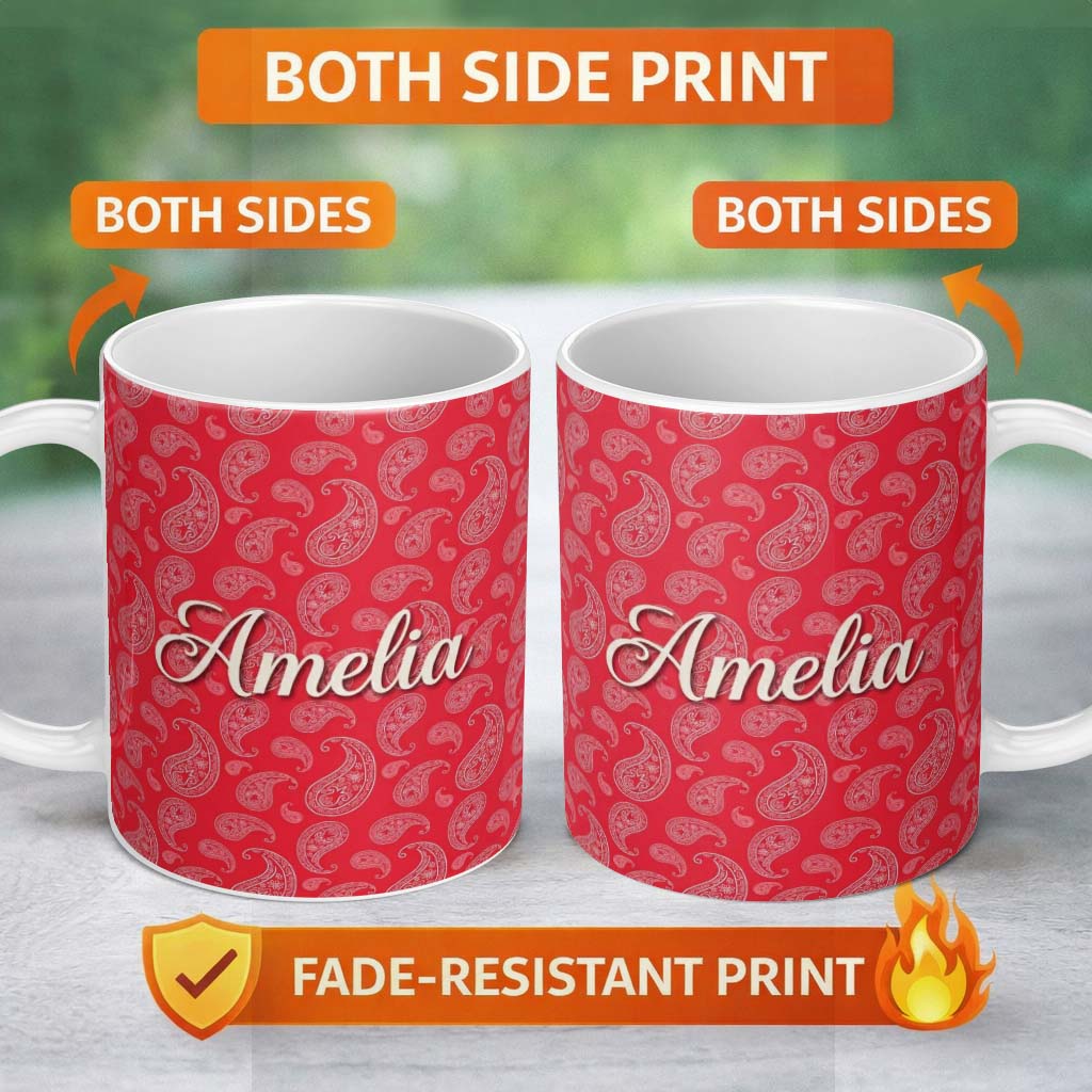 Personalized Custom Name Elegant White Paisley Pattern Coral Backgrounds Name Cute Unique 11oz Ceramic Coffee Tea Mug White Large Handle