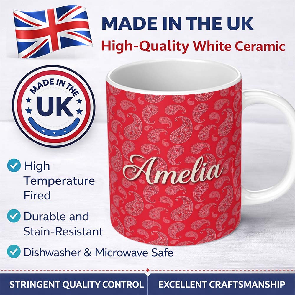 Personalized Custom Name Elegant White Paisley Pattern Coral Backgrounds Name Cute Unique 11oz Ceramic Coffee Tea Mug White Large Handle
