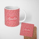 Personalized Custom Name Elegant White Paisley Pattern Blush Background Name Cute Unique Gift 11oz Ceramic Coffee Tea Mug White Large Handle