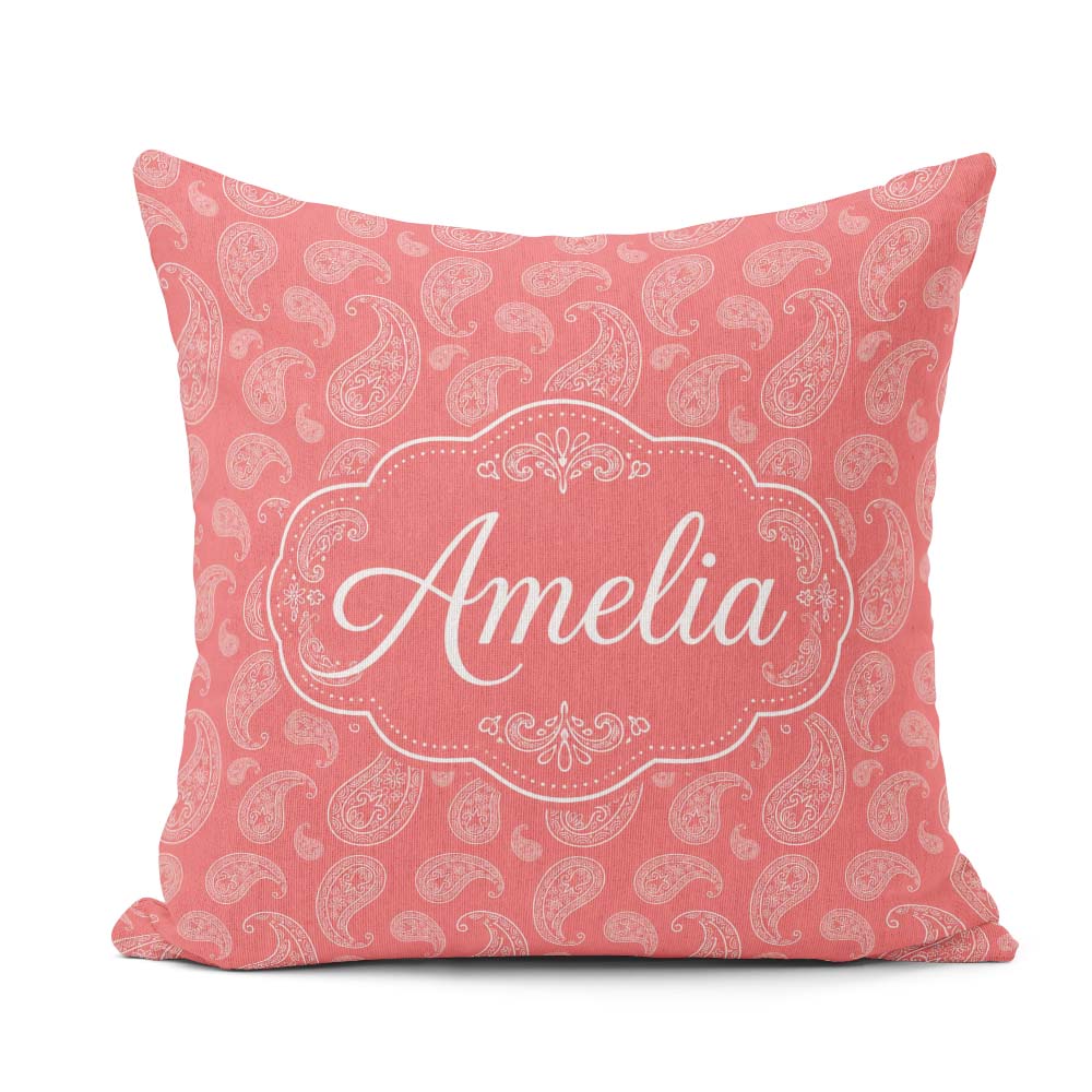 Custom Name Elegant White Paisley Pattern Blush Background Name Square Filled Cushion Throw Pillow Sofa Bed Home Decor Zip Washable UK Made