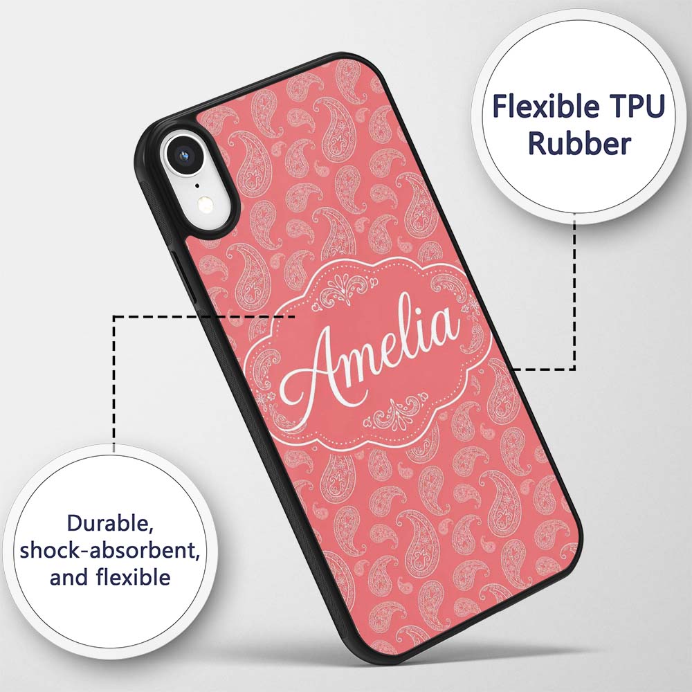 Elegant White Paisley Pattern Blush Background Custom Name Protective Phone Case Mobile Cover Durable Everyday Smartphone Shock Resistant
