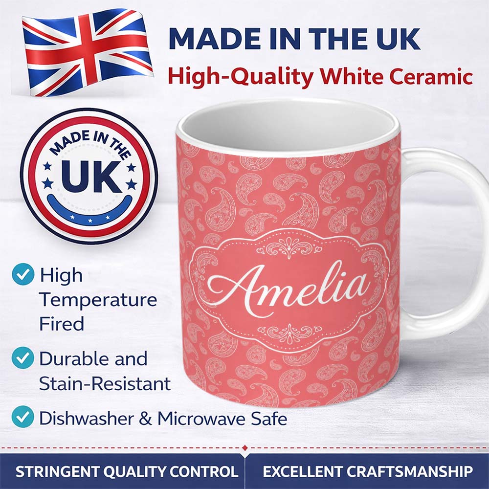 Personalized Custom Name Elegant White Paisley Pattern Blush Background Name Cute Unique Gift 11oz Ceramic Coffee Tea Mug White Large Handle