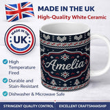 Personalized Custom Name Blue Nordic Snowflake Knitted Pattern Seamless Winter Lovely 11oz Ceramic Coffee Tea Mug White Large Handle