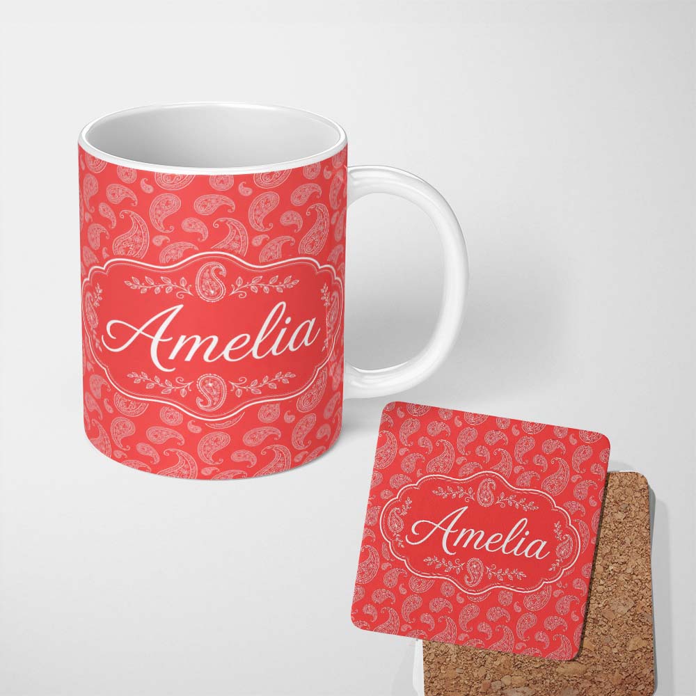 Personalized Custom Name Elegant White Paisley Pattern Pink Background Custom Name Cute 11oz Ceramic Coffee Tea Mug White Large Handle