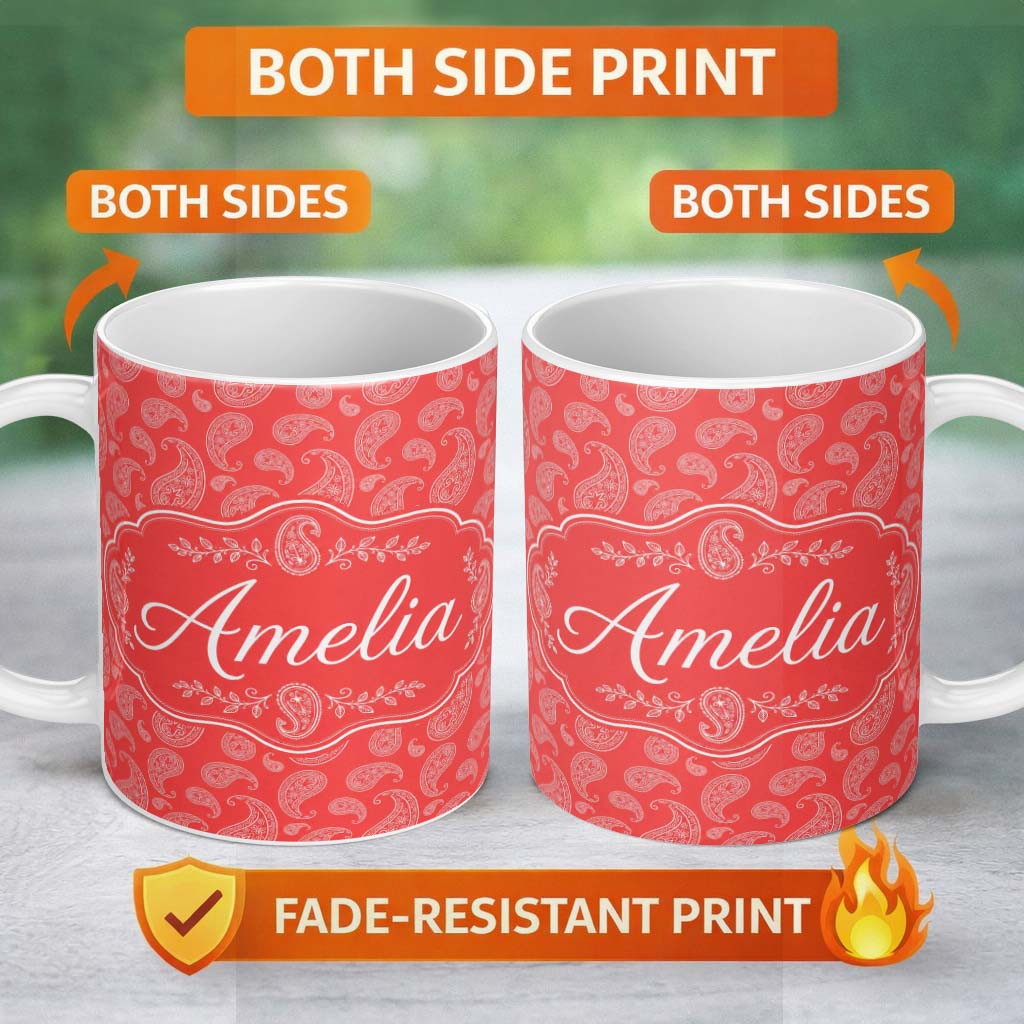 Personalized Custom Name Elegant White Paisley Pattern Pink Background Custom Name Cute 11oz Ceramic Coffee Tea Mug White Large Handle