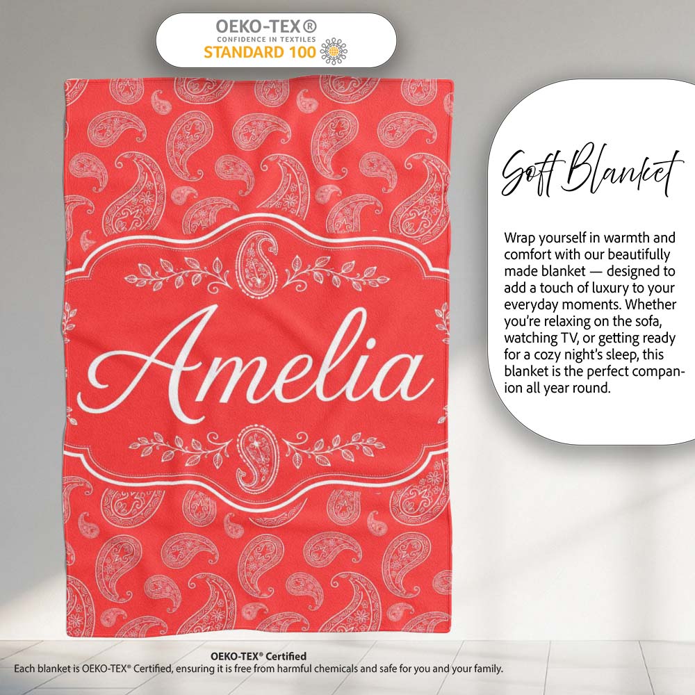 Elegant White Paisley Pattern Pink Background  Cute  Personalised Custom Name Super Soft Fleece Blanket Bed Sofa Throw