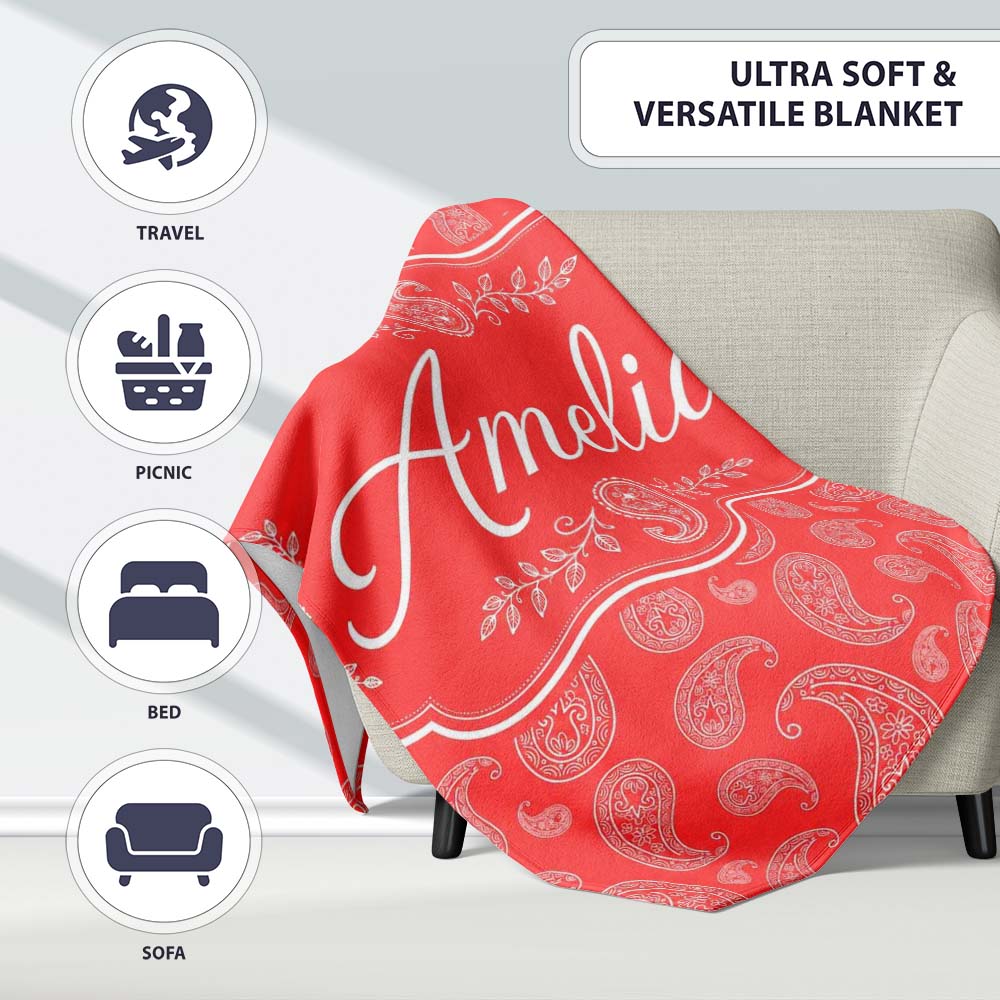 Elegant White Paisley Pattern Pink Background  Cute  Personalised Custom Name Super Soft Fleece Blanket Bed Sofa Throw