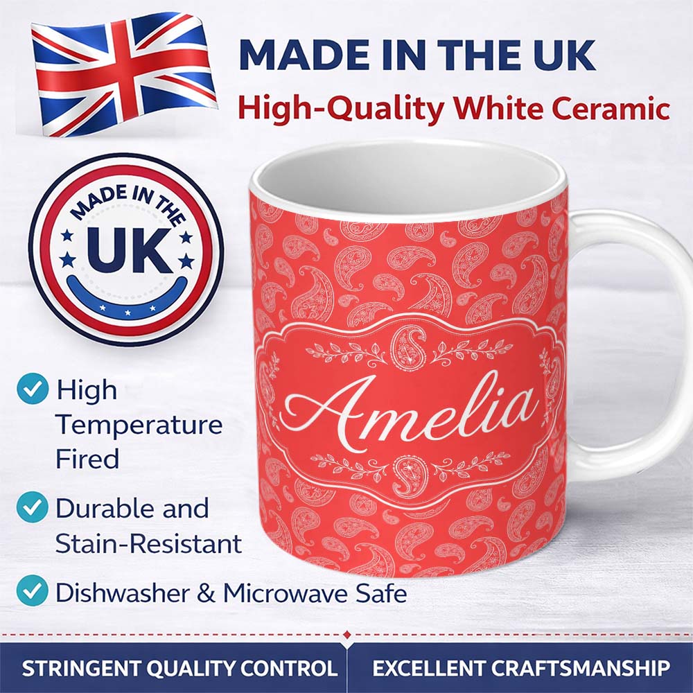 Personalized Custom Name Elegant White Paisley Pattern Pink Background Custom Name Cute 11oz Ceramic Coffee Tea Mug White Large Handle