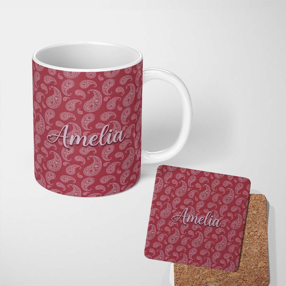 Personalized Custom Name Elegant White Paisley Pattern Red Background Name Cute Unique Gift 11oz Ceramic Coffee Tea Mug White Large Handle
