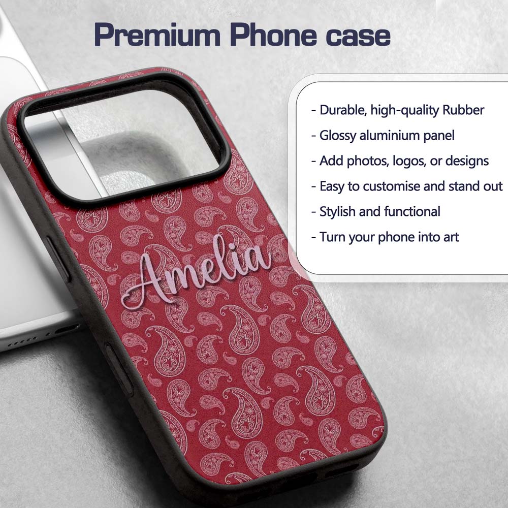 Elegant White Paisley Pattern Red Background Name Custom Name Protective Phone Case Mobile Cover Durable Everyday Smartphone Shock Resistant