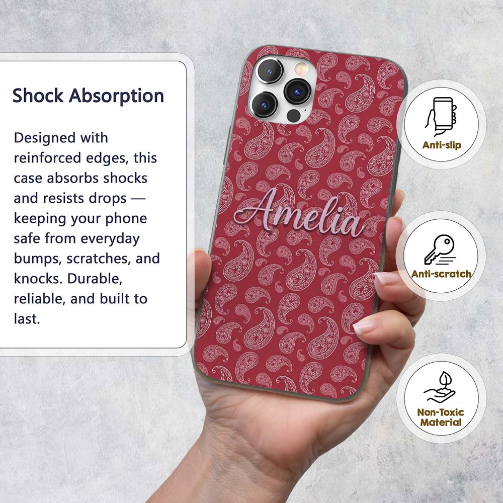 Elegant White Paisley Pattern Red Background Name Custom Name Protective Phone Case Mobile Cover Durable Everyday Smartphone Shock Resistant