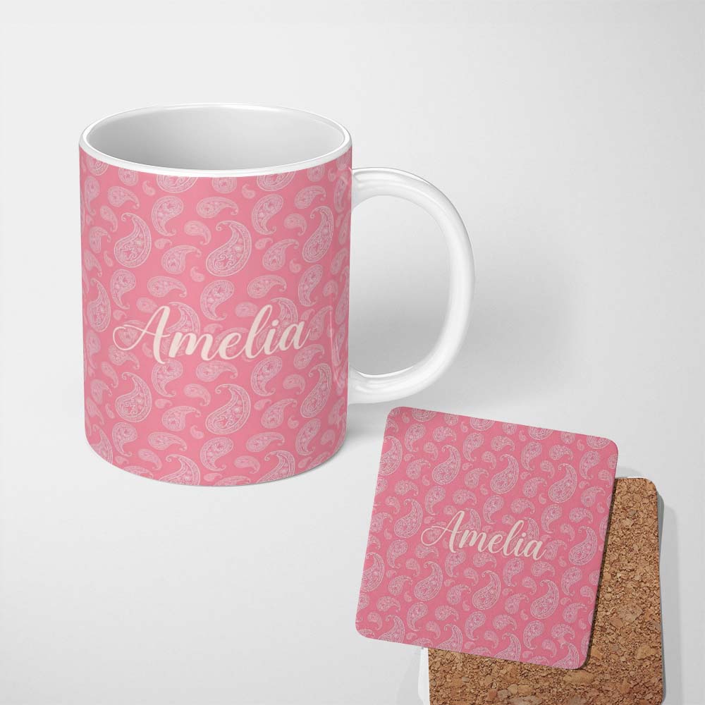 Personalized Custom Name Elegant White Paisley Pattern Soft Pink Gradient Background 11oz Ceramic Coffee Tea Mug White Large Handle