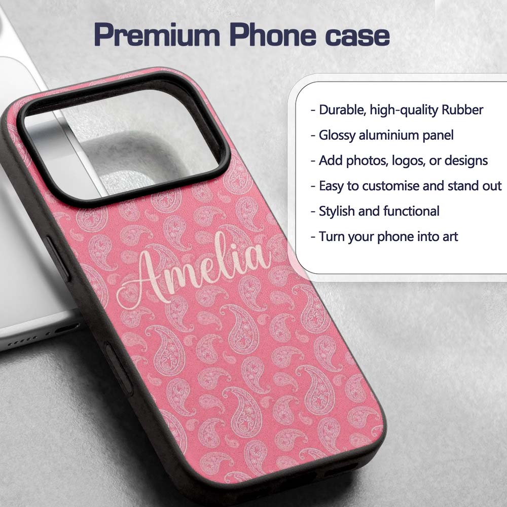Elegant White Paisley Pattern Soft Pink Gradient Custom Name Protective Phone Case Mobile Cover Durable Everyday Smartphone Shock Resistant