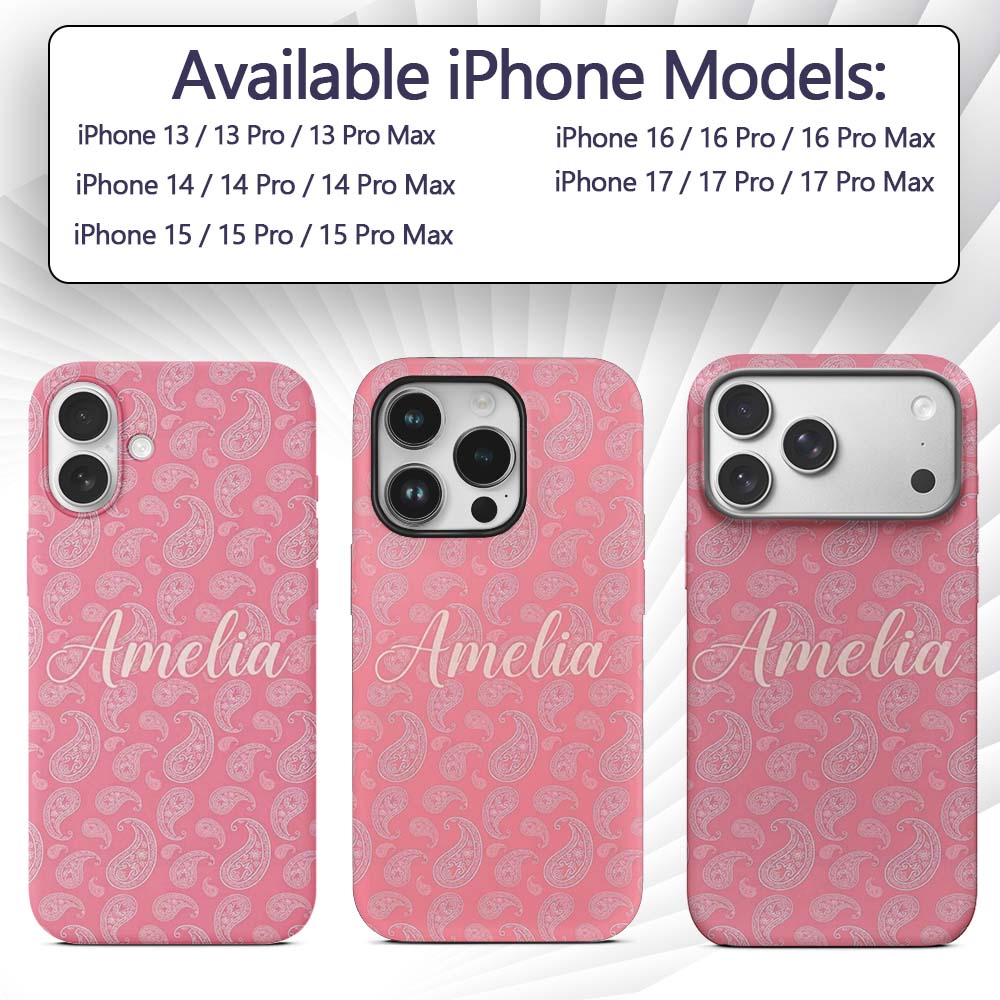Elegant White Paisley Pattern Soft Pink Gradient Custom Name Protective Phone Case Mobile Cover Durable Everyday Smartphone Shock Resistant