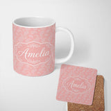 Personalized Custom Name Elegant White Paisley Pattern Blush Pink Gradient Background 11oz Ceramic Coffee Tea Mug White Large Handle