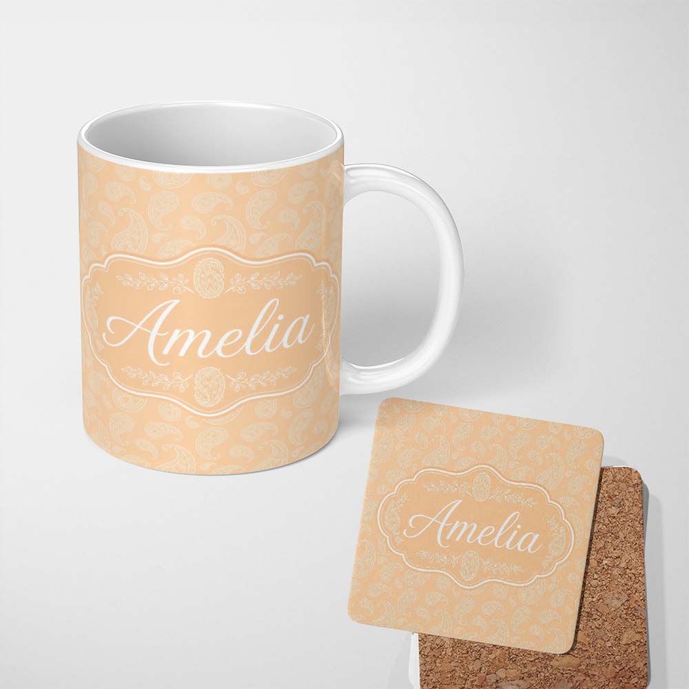 Personalized Custom Name Elegant White Paisley Pattern Beige Gold Gradient Background 11oz Ceramic Coffee Tea Mug White Large Handle