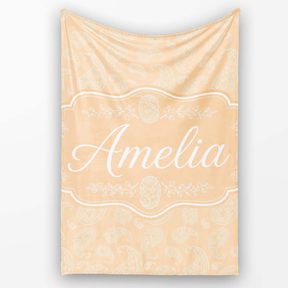 Elegant White Paisley Pattern Beige Gold Gradient Background  Personalised Custom Name Super Soft Fleece Blanket Bed Sofa Throw