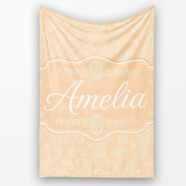 Elegant White Paisley Pattern Beige Gold Gradient Background  Personalised Custom Name Super Soft Fleece Blanket Bed Sofa Throw