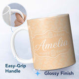 Personalized Custom Name Elegant White Paisley Pattern Beige Gold Gradient Background 11oz Ceramic Coffee Tea Mug White Large Handle