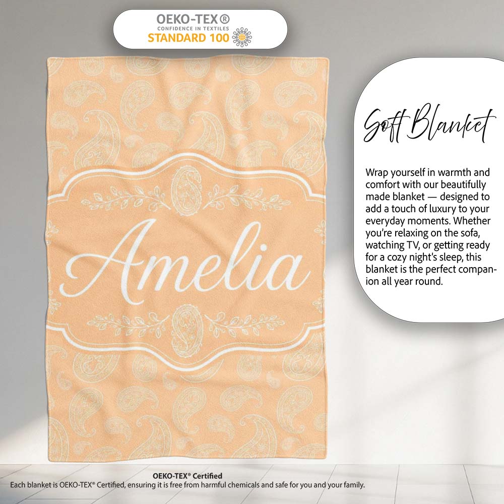 Elegant White Paisley Pattern Beige Gold Gradient Background  Personalised Custom Name Super Soft Fleece Blanket Bed Sofa Throw